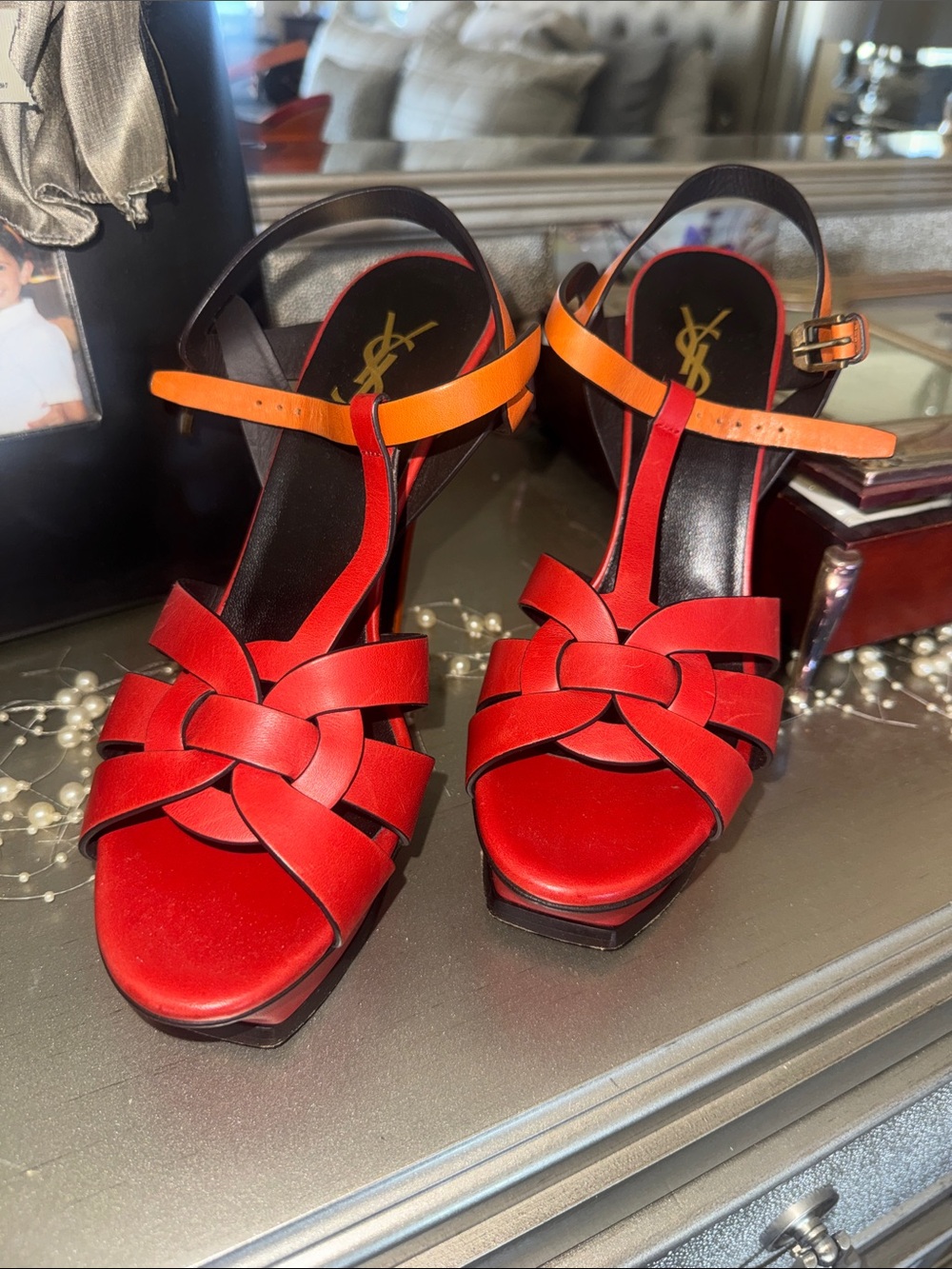 Saint Laurent Red / Orange Leather Tribute Heels